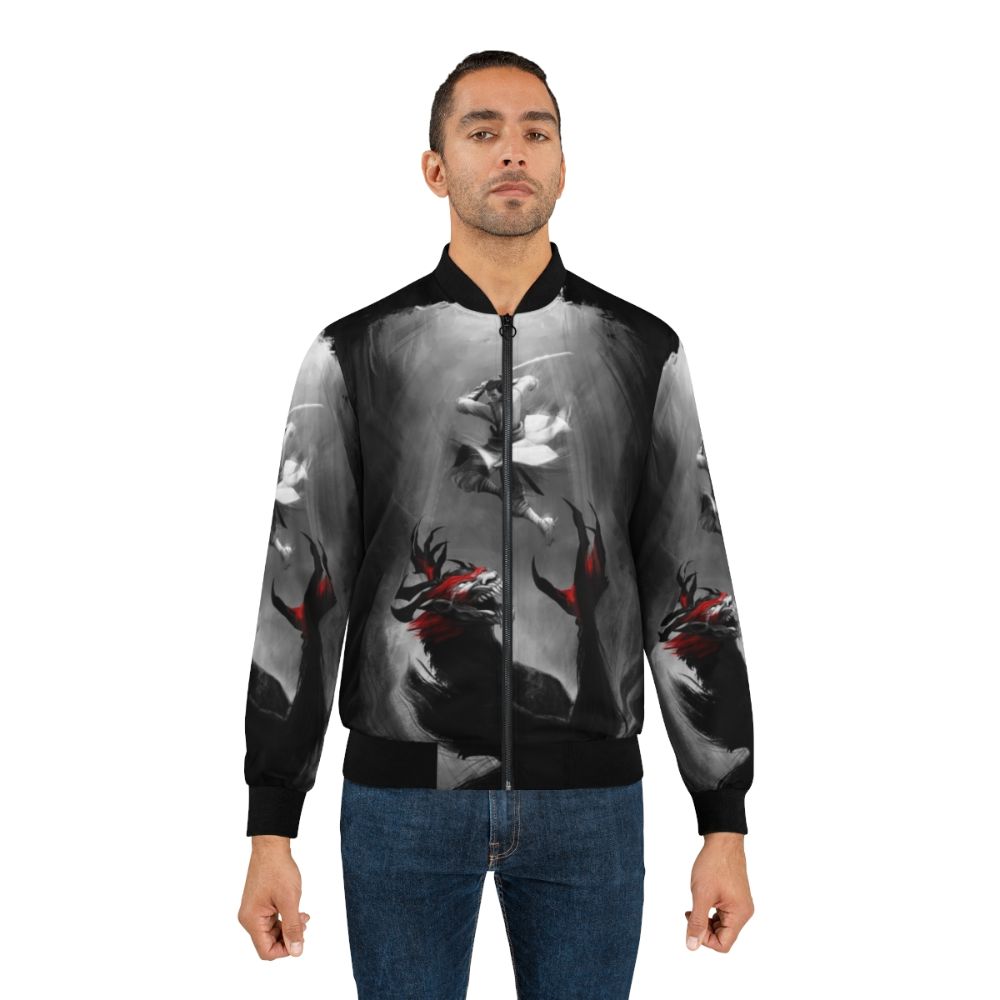 Samurai Jack Showdown Bomber Jacket with katana and demon design - Lifestyle