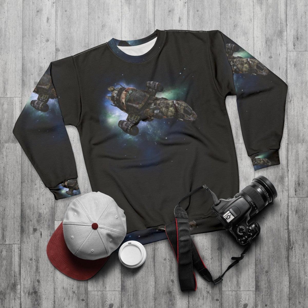 Firefly-inspired sweatshirt with Serenity spaceship graphic - flat lay