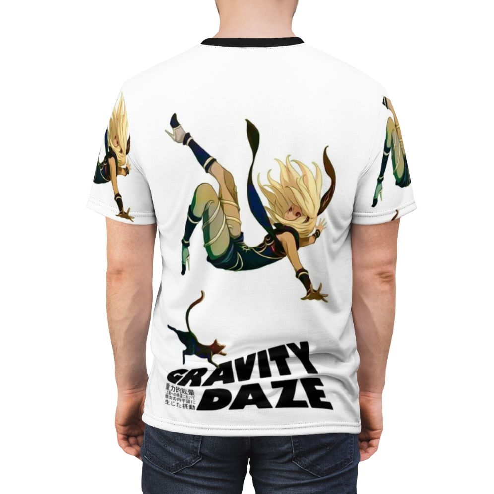 A stylish t-shirt featuring a gravity-defying design, inspired by the popular PlayStation game Gravity Daze. - men back