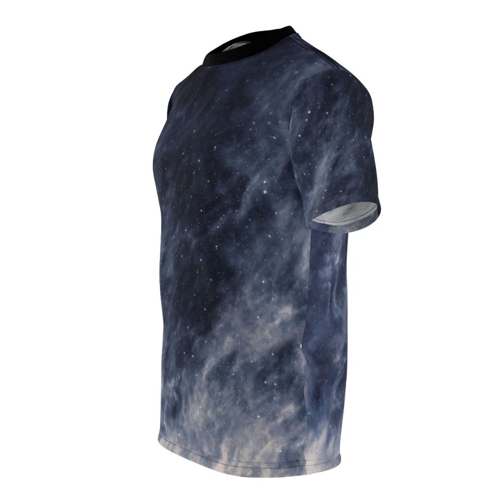 A t-shirt featuring a surreal, moody blue sky with clouds and a crescent moon. - men left