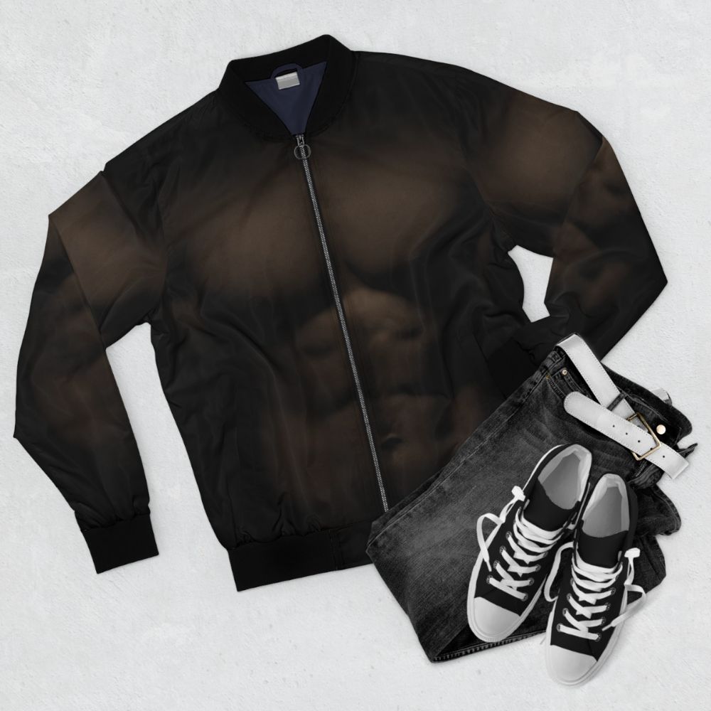 Muscular man wearing a bomber jacket showcasing his chest and abdominal muscles - Flat lay