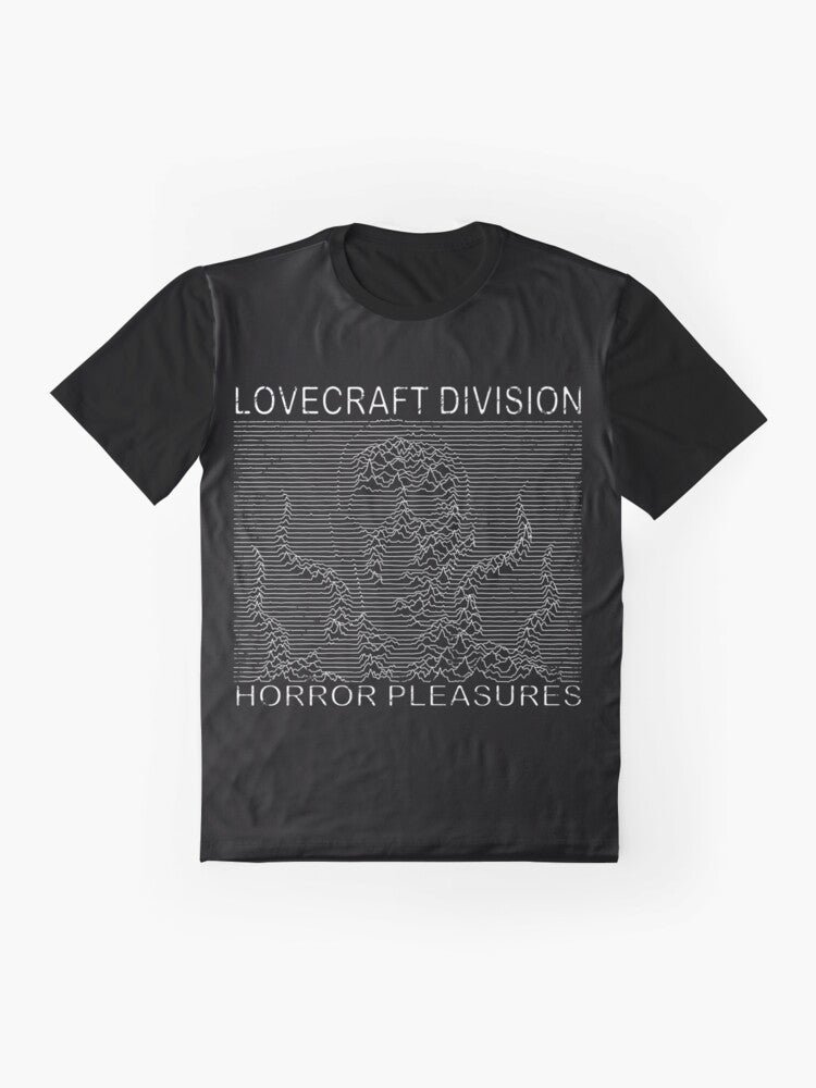 Lovecraft-inspired graphic t-shirt featuring cosmic horror elements like tentacles, monsters, and the Necronomicon. - Flat lay