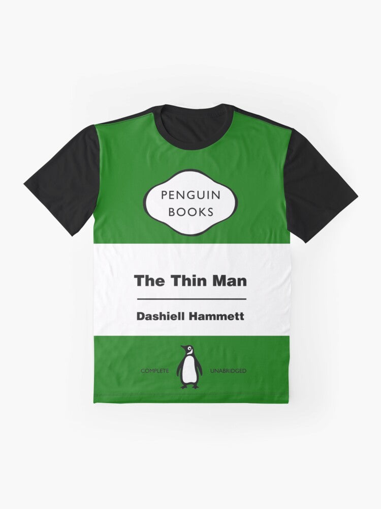 Graphic t-shirt featuring the Penguin Books logo, the title "The Thin Man" by Dashiell Hammett, and references to the musicians Damon Albarn and Blur - Flat lay