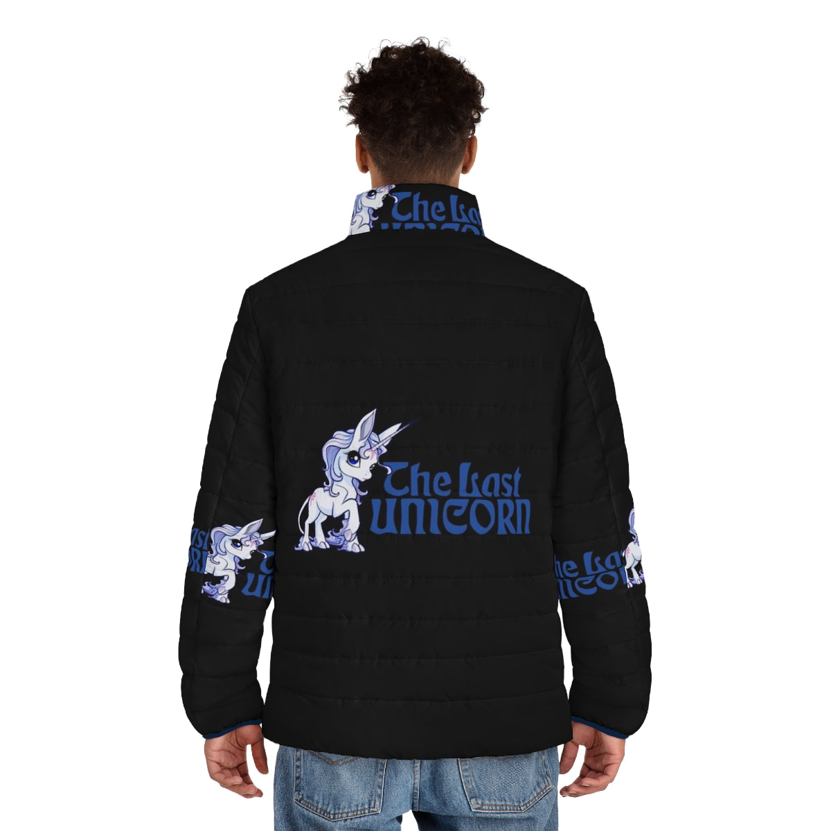 A puffer jacket featuring the iconic imagery of the last unicorn from the beloved anime film. - men back