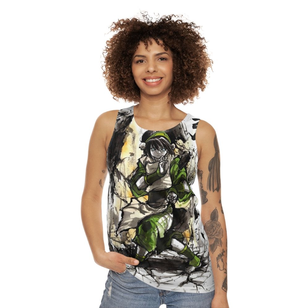 Toph from Avatar the Last Airbender depicted in sumi ink and watercolor art on a unisex tank top - women