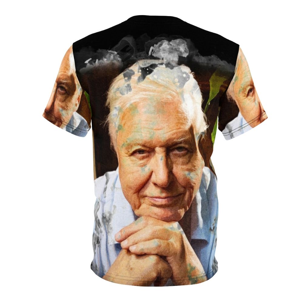 Watercolor portrait of David Attenborough, renowned naturalist and wildlife documentary presenter, on a t-shirt. - Back