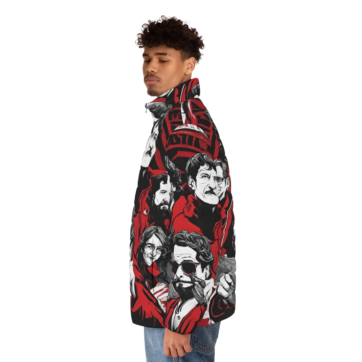 "Money Heist Inspired Puffer Jacket featuring fan art of the show's characters" - men side left