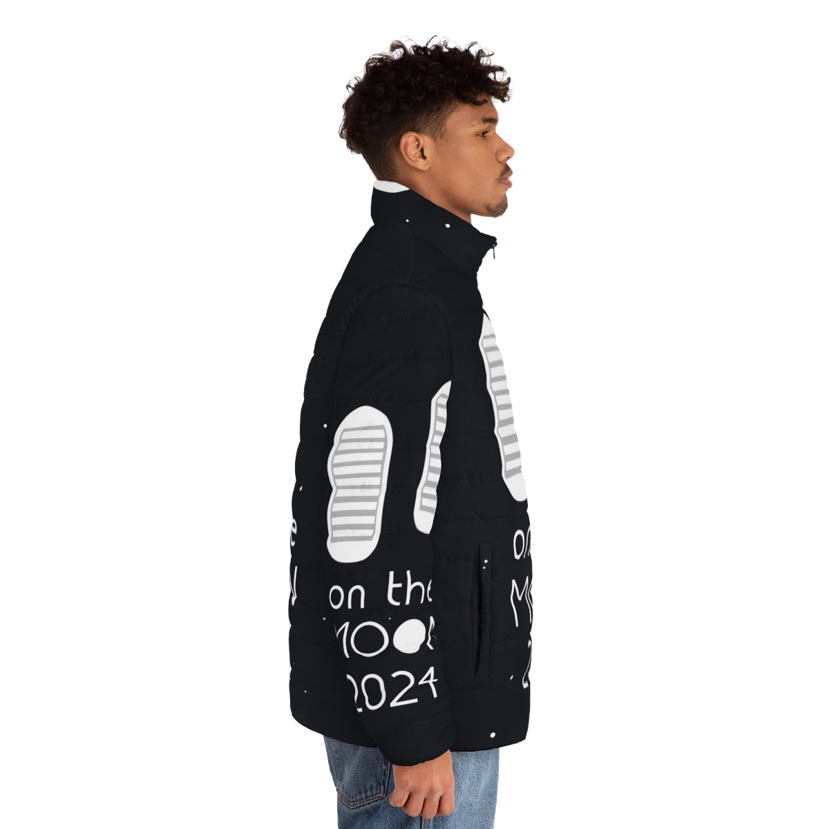 Stylish space force puffer jacket with "Boots on the Moon 2024" design - men side right