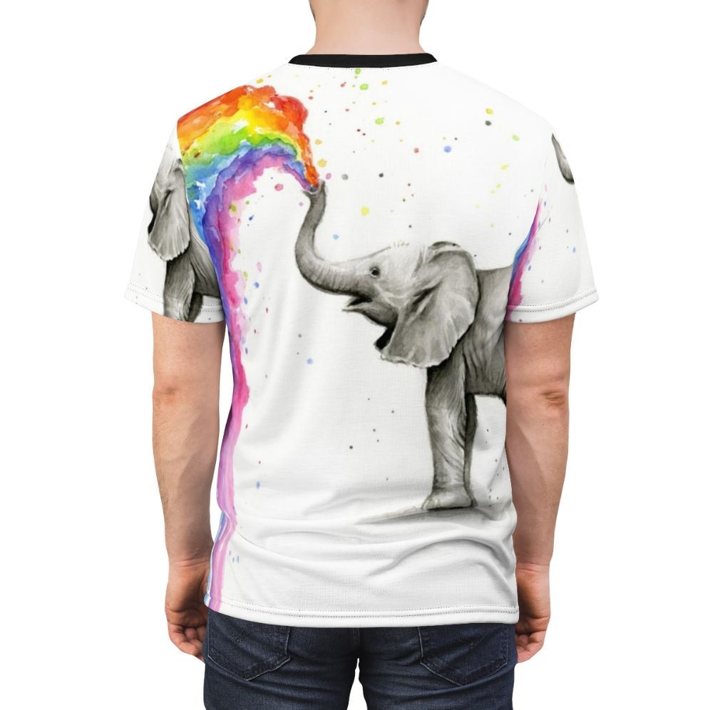 Whimsical illustration of a cute baby elephant spraying a colorful rainbow from its trunk - men back