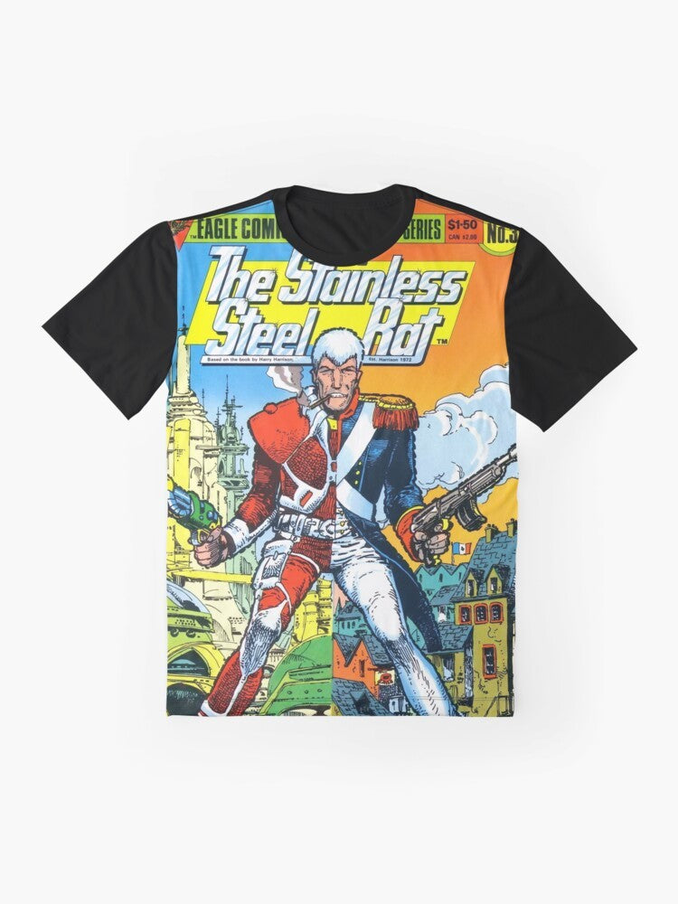 A graphic t-shirt featuring the cover art of "The Stainless Steel Rat Issue 3", a science fiction design with a retro, vintage style. - Flat lay