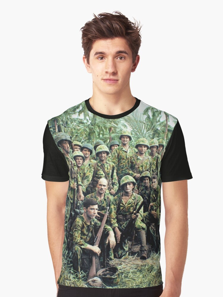 Vintage graphic t-shirt featuring World War II Marine Raiders during the Battle of Bougainville in the Solomon Islands. - Men