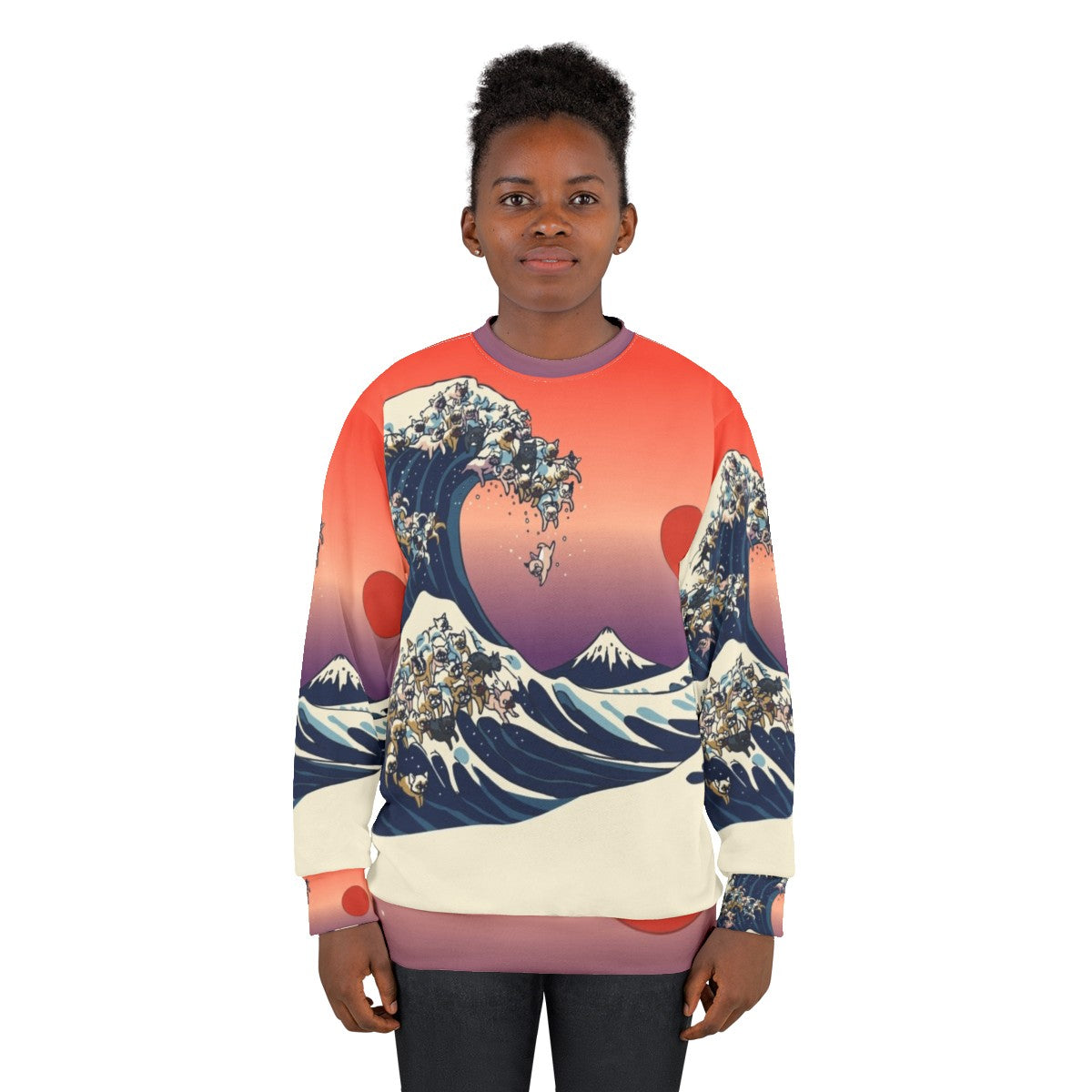 French bulldog wearing sweatshirt with Hokusai's great wave design - women