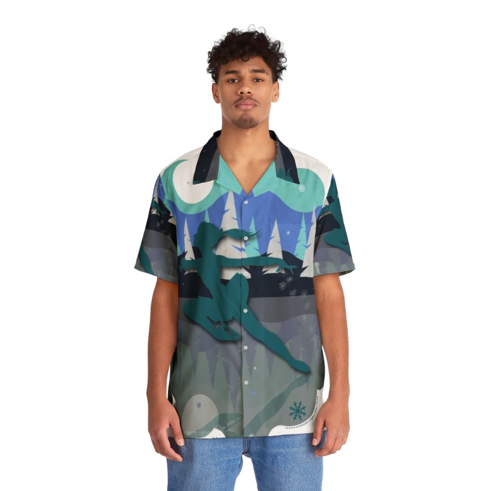 Ice Skater Wearing a Festive Hawaiian Shirt with Holiday Graphics - People Front