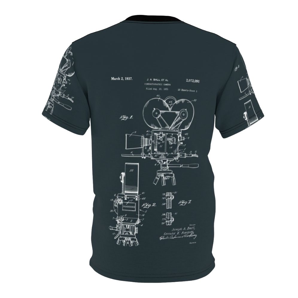 Vintage-style t-shirt featuring patent drawings of a movie camera from 1937. - Back