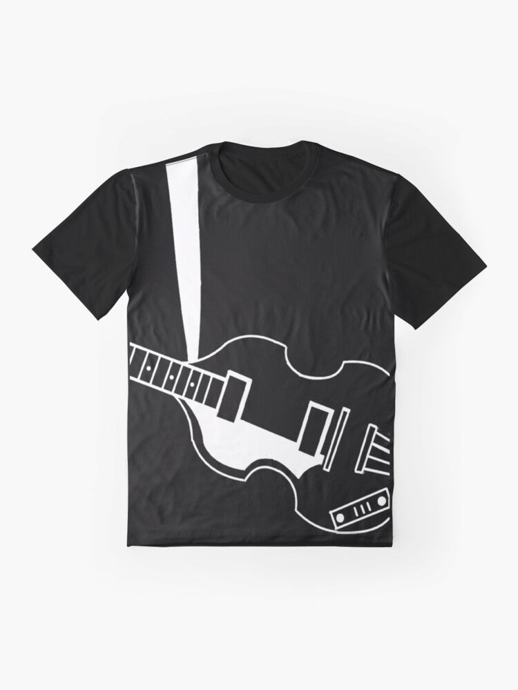 Vintage-style t-shirt featuring a graphic design of a violin bass guitar, a nod to the iconic Hofner bass played by The Beatles' Paul McCartney. - Flat lay