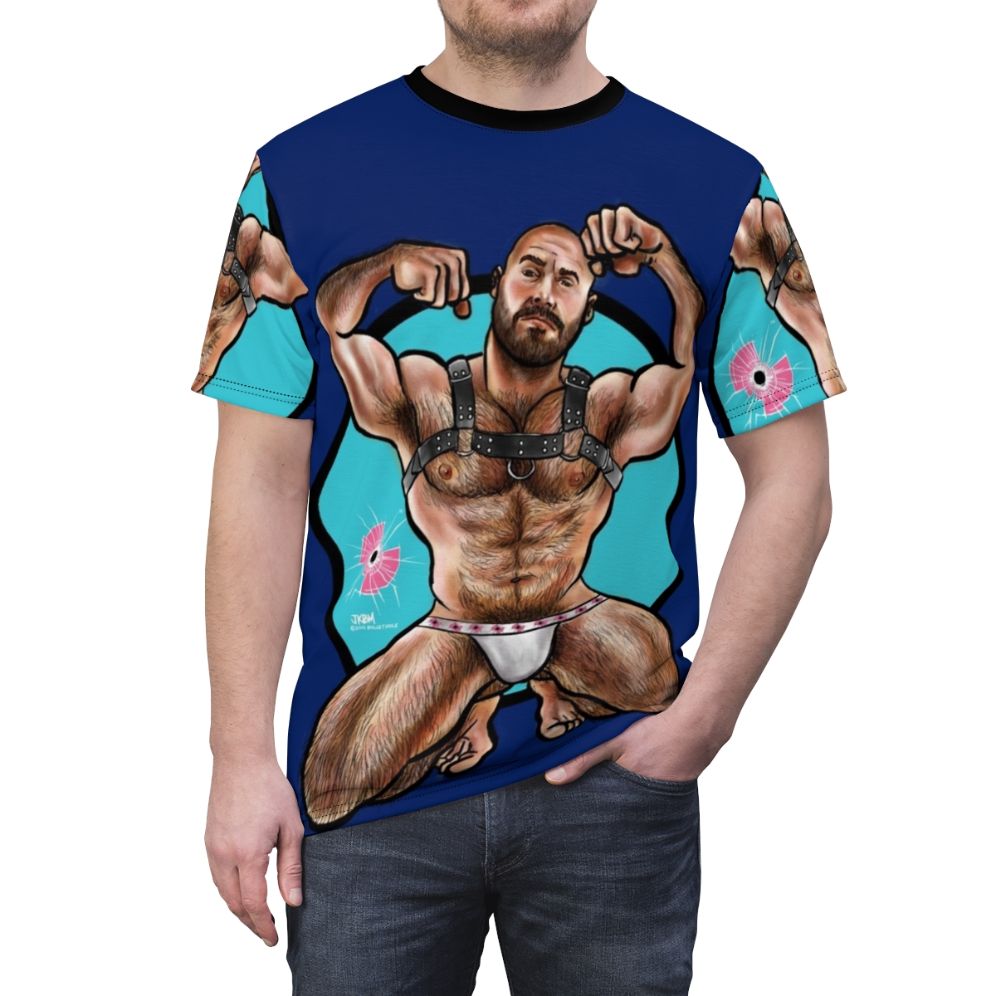 Muscular and hairy male figure wearing a bullethole-patterned t-shirt - men front