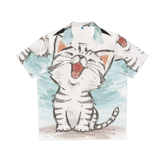 Adorable American Shorthair cat wearing a happy Hawaiian shirt