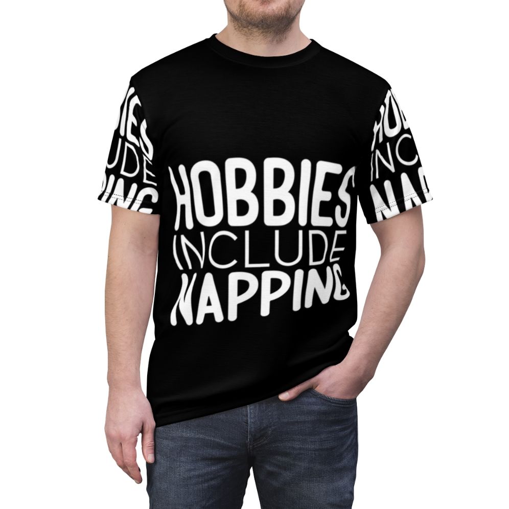 Cozy t-shirt featuring the text "Hobbies Include Napping" for sleep and nap enthusiasts. - men front