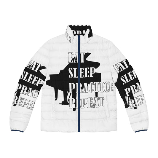 Piano puffer jacket with the words "Eat Sleep Practice Repeat" for music enthusiasts