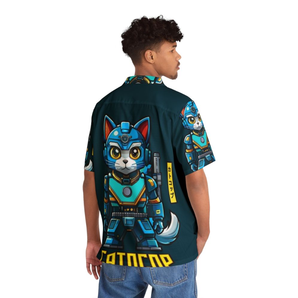 Catocop Futuristic Hawaiian Shirt featuring a crime fighting cat police officer in a sci-fi inspired cartoon design - People Back