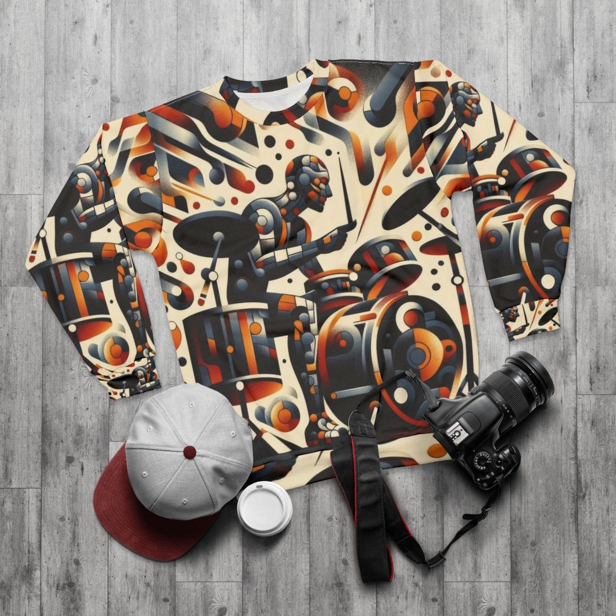 Abstract music drummer sweatshirt - flat lay