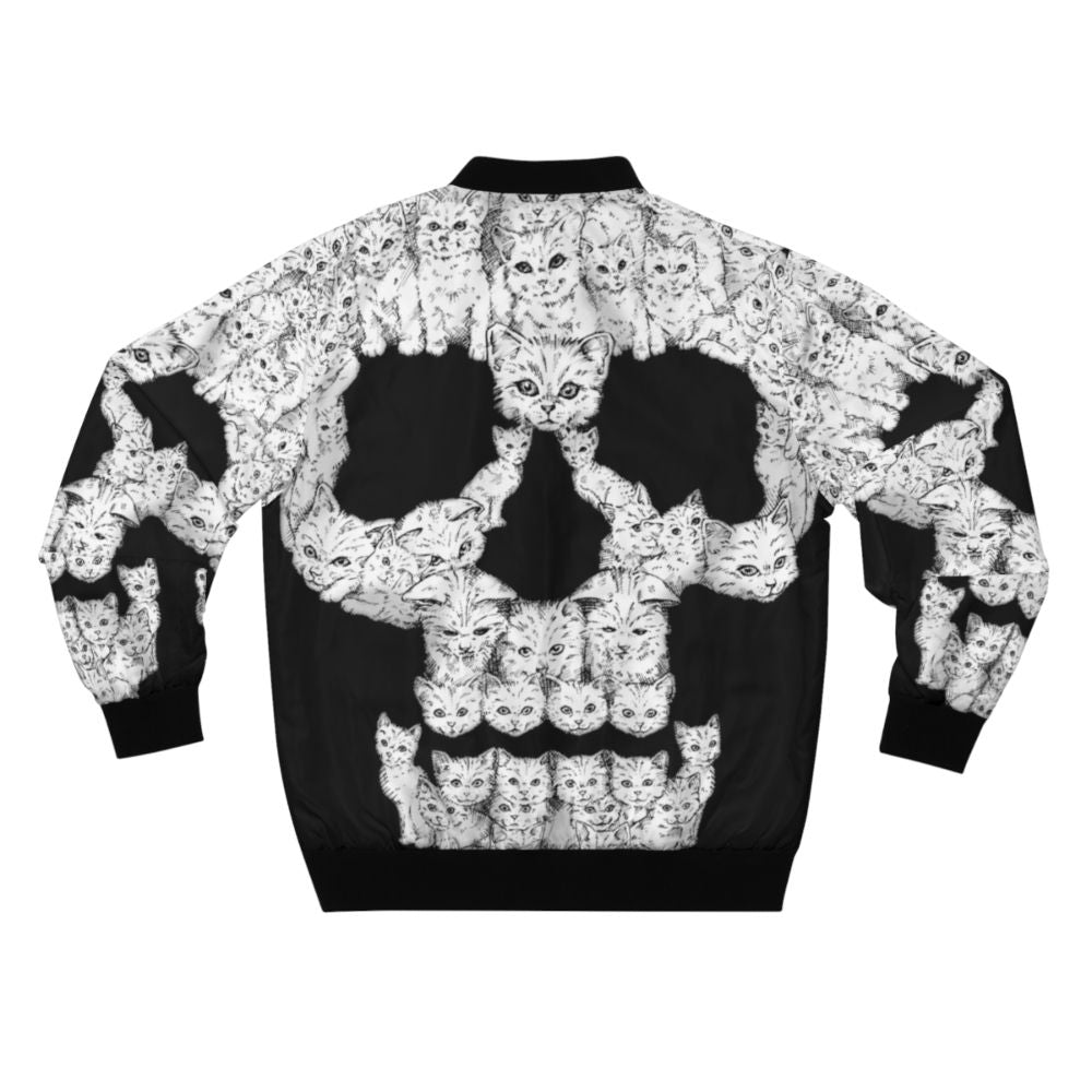 A bold bomber jacket featuring a graphic design of a skull and cute kittens - Back