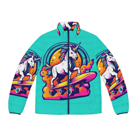 Neon unicorn puffer jacket with skateboarding design