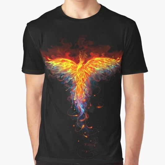 Phoenix, a mythical bird rising from flames, graphic design on t-shirt