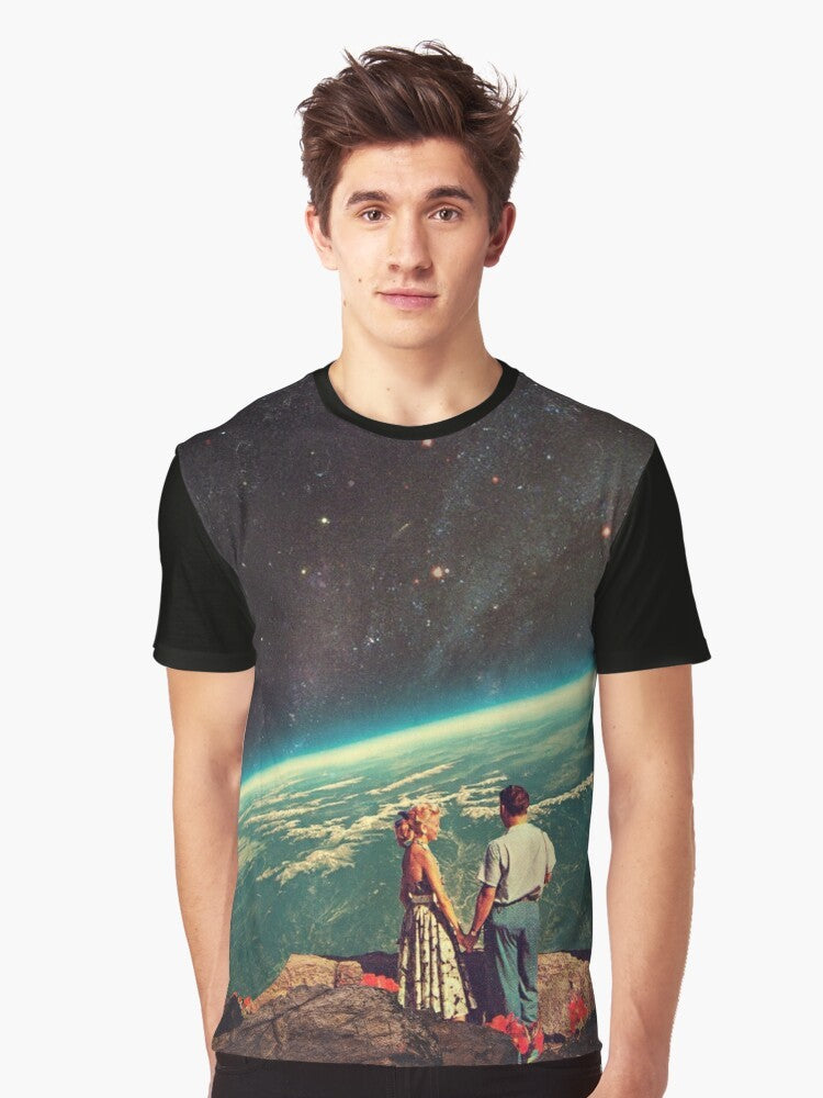 A vintage-inspired graphic t-shirt featuring a collage of a couple in love, surrounded by space, planets, and stars in a romantic, surreal scene. - Men