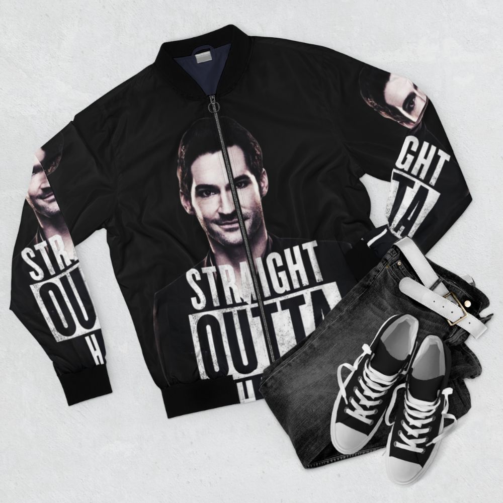 Lucifer Devil Bomber Jacket - Straight Outta Hell - Flat lay