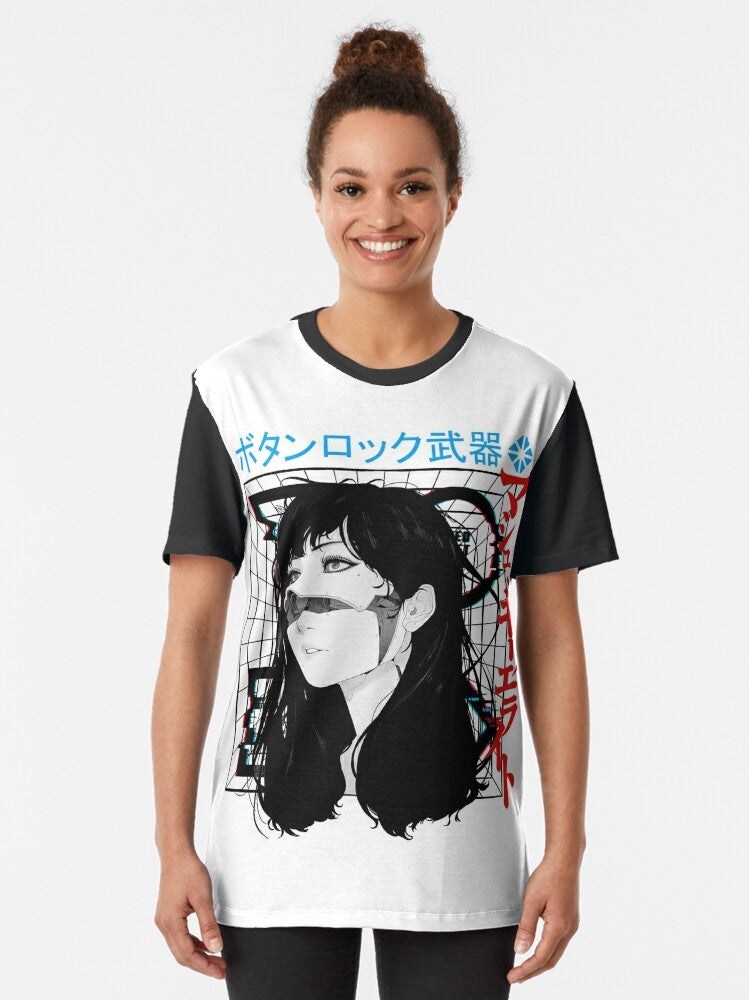 Cyberpunk cyborg girl in vaporwave-inspired urban style graphic t-shirt design. - Women