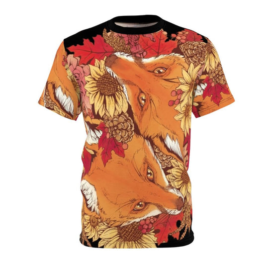 Artwork featuring a red fox surrounded by autumn leaves, sunflowers, and pinecones on a comfortable t-shirt