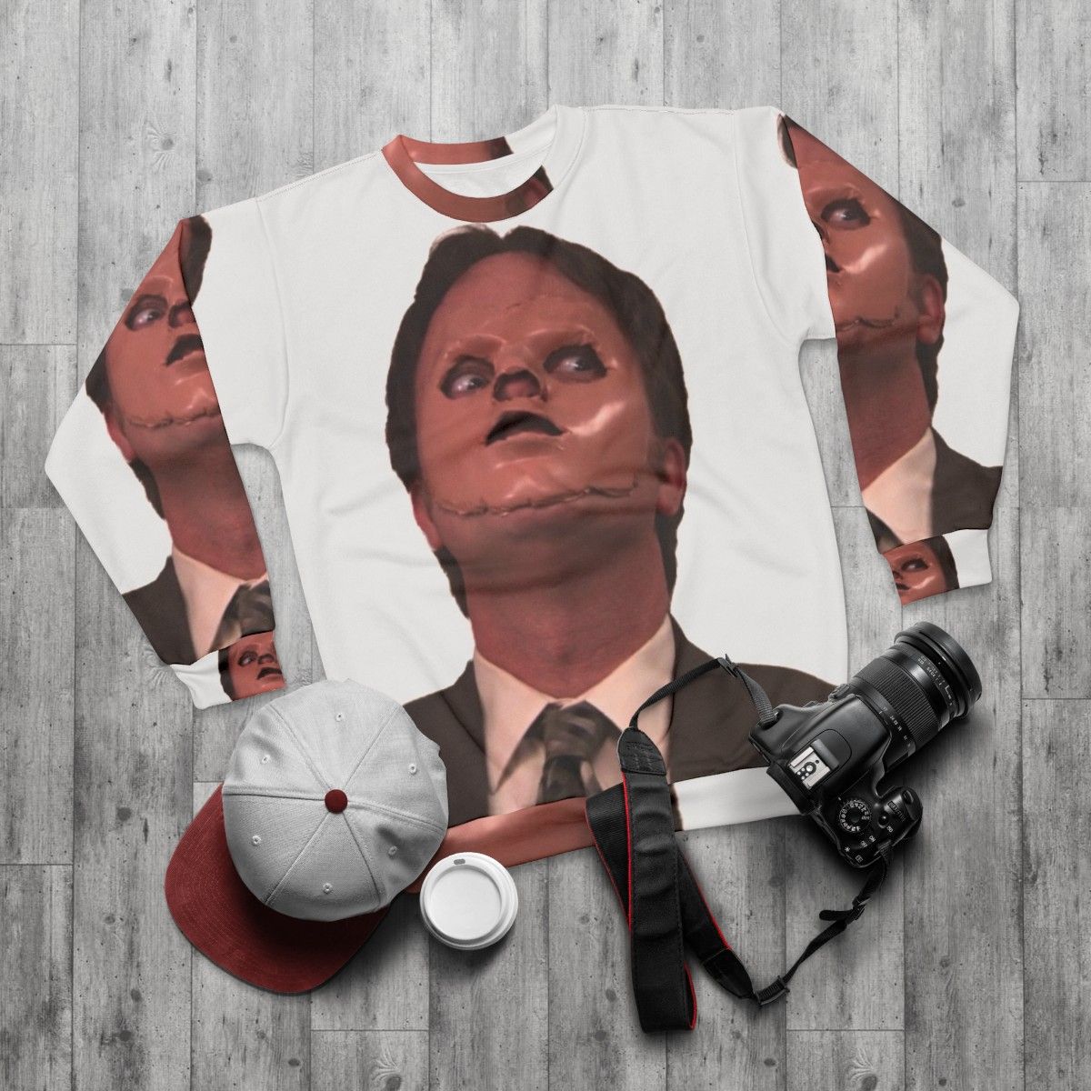 Creepy Dwight Schrute skin mask sweatshirt from The Office - flat lay