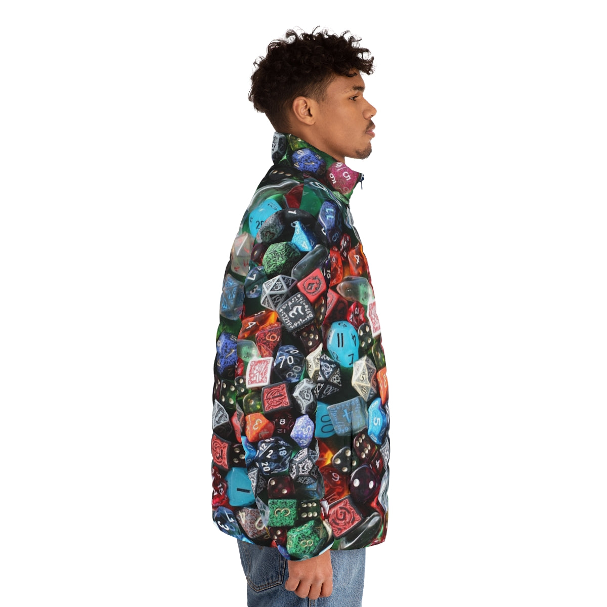 Dice puffer jacket for tabletop gaming and Dungeons & Dragons fans - men side right