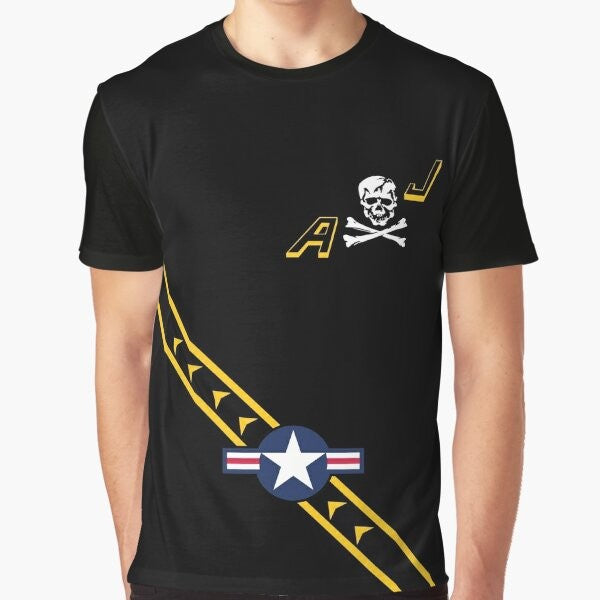 VF84 Jolly Rogers graphic t-shirt with navy, yellow, and black design featuring F14 Tomcat aircraft, skull and bones insignia, and military aviation theme.