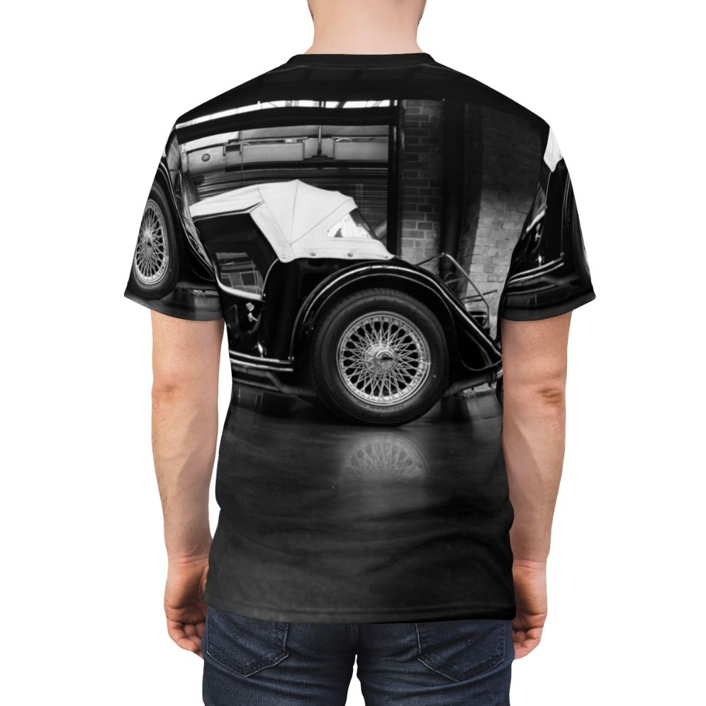 Charcoal drawing of a classic 1966 Morgan Plus 8 sports car on a retro t-shirt - men back