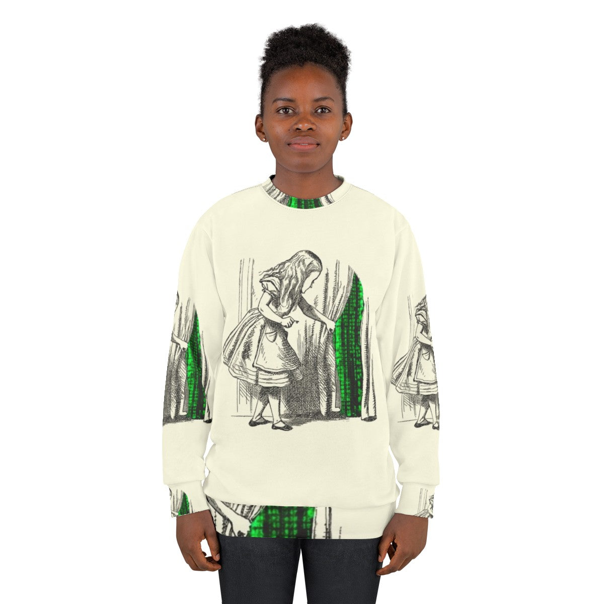 Follow the White Rabbit themed sweatshirt design with Alice in Wonderland and Matrix crossover elements - women