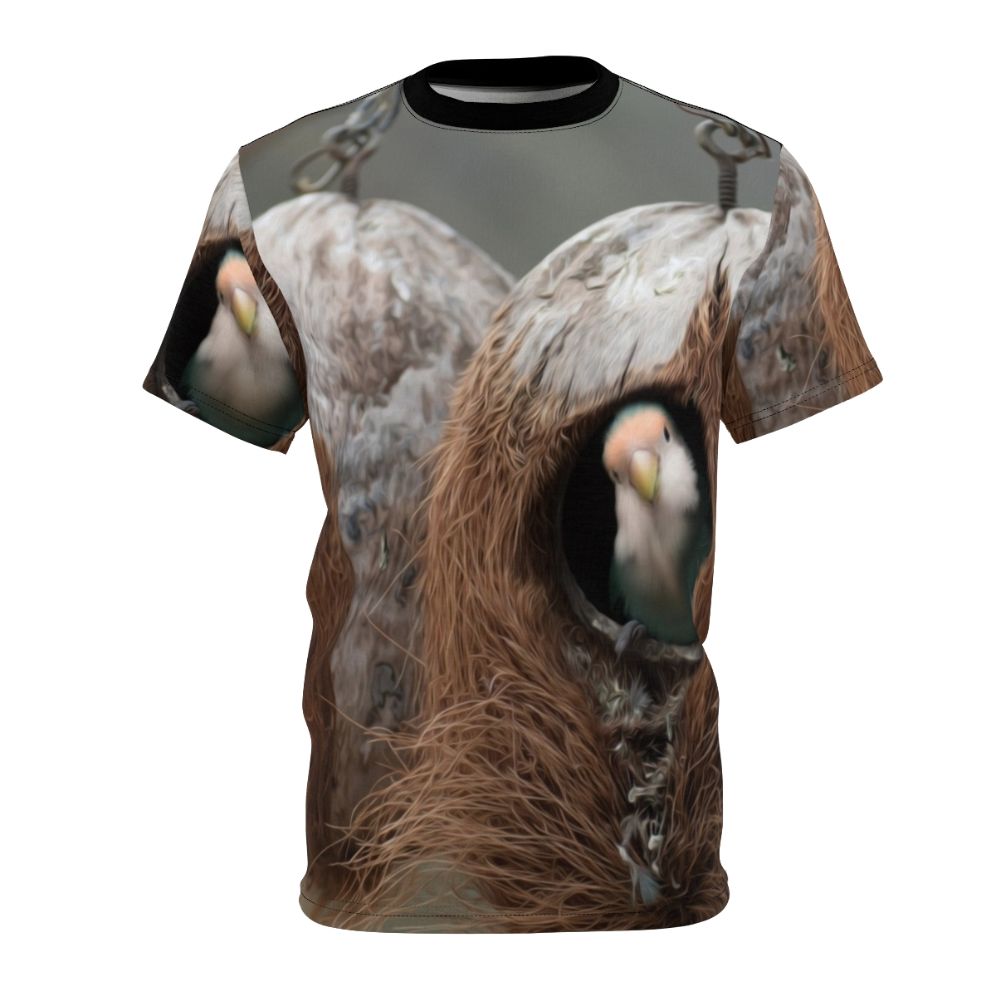 T-shirt featuring a vibrant design of birds, nests, and feathers in a natural landscape.