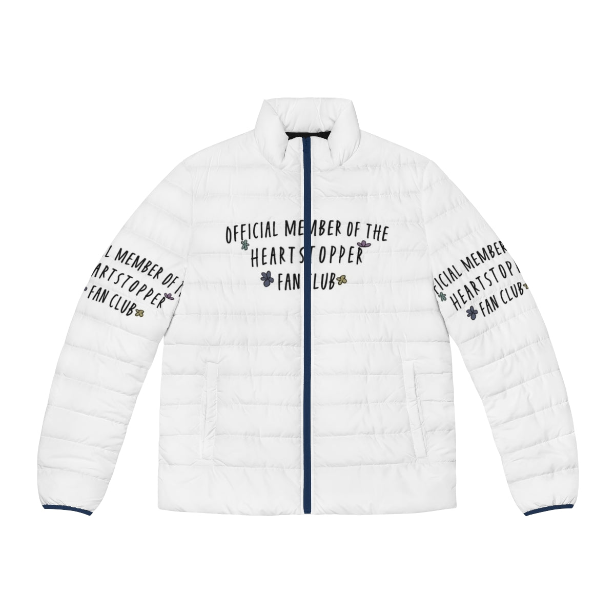 Heartstopper themed puffer jacket featuring the Heartstopper logo