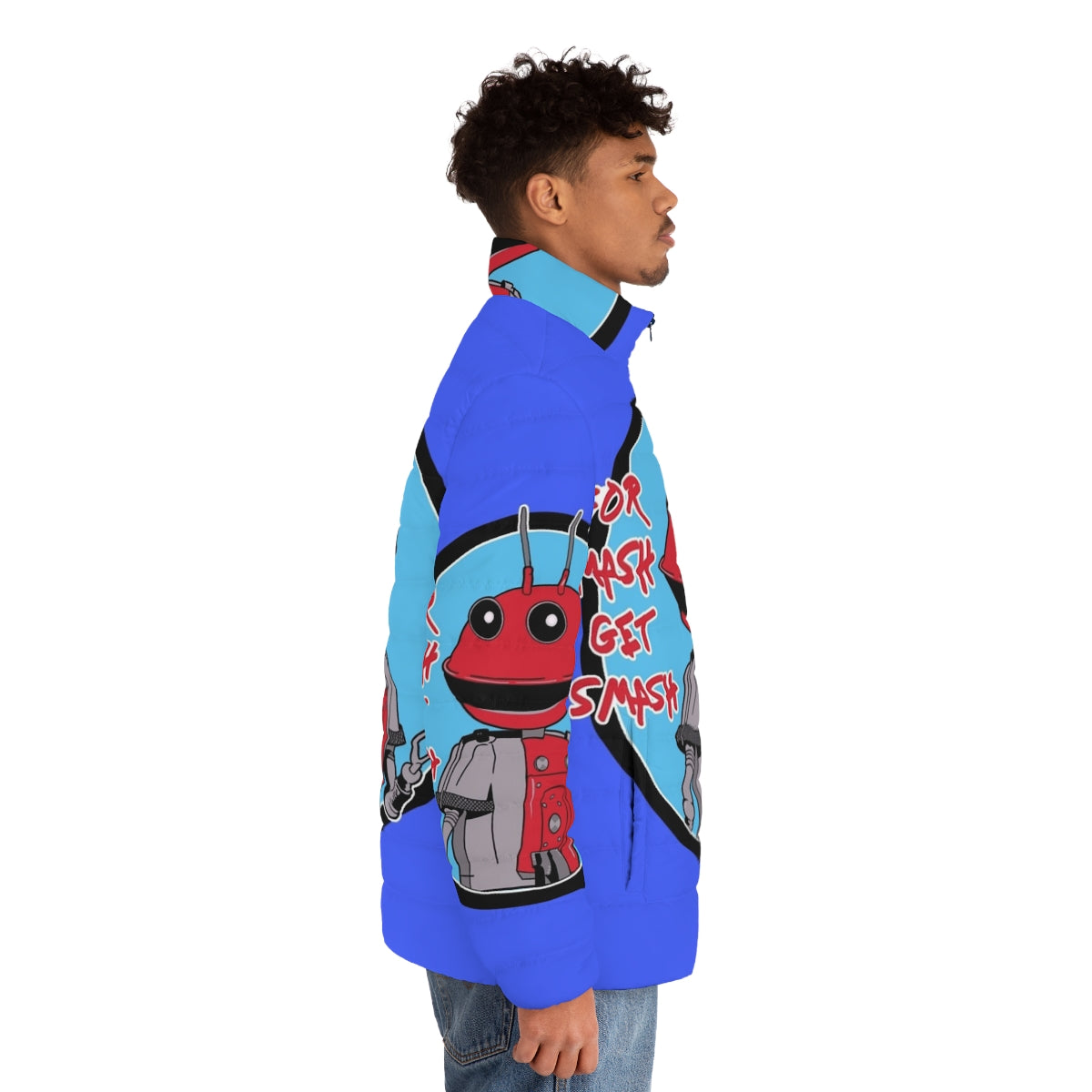 "For Mash Get Smash" 80s Retro Puffer Jacket with Robot and Alien Design - men side right