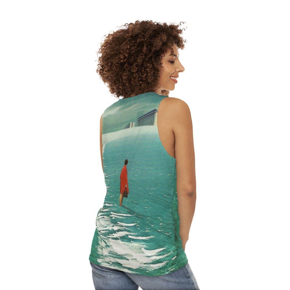 Unisex tank top with dystopian landscape and retro futuristic urban decay - women back