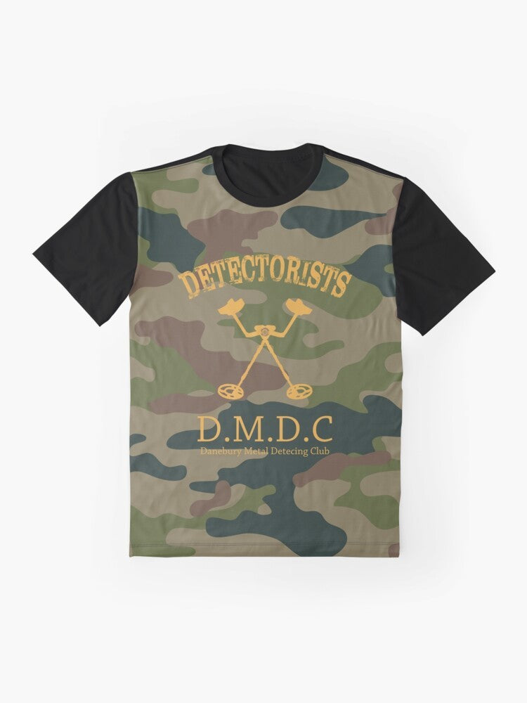 Detectorists Camo Graphic T-Shirt featuring a metal detector and archaeology-themed design - Flat lay