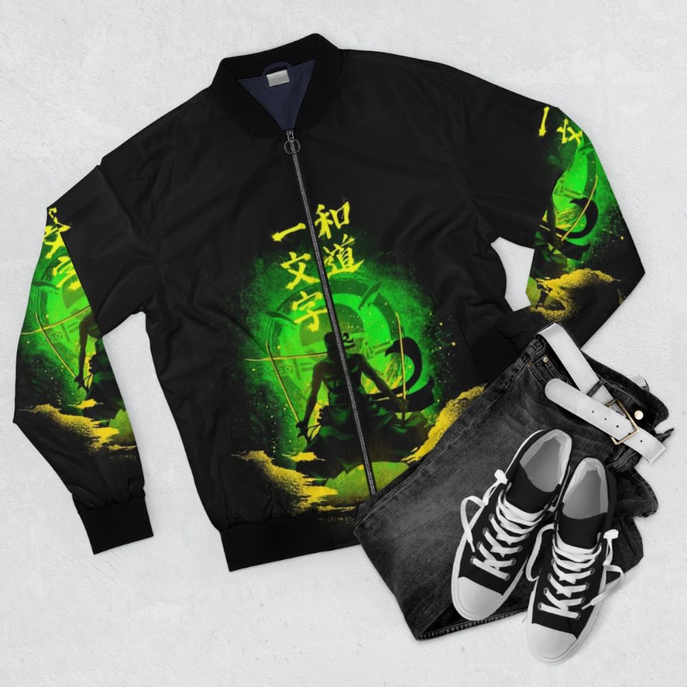 Anime Zoro Bomber Jacket with Roronoa Zoro Design - Flat lay