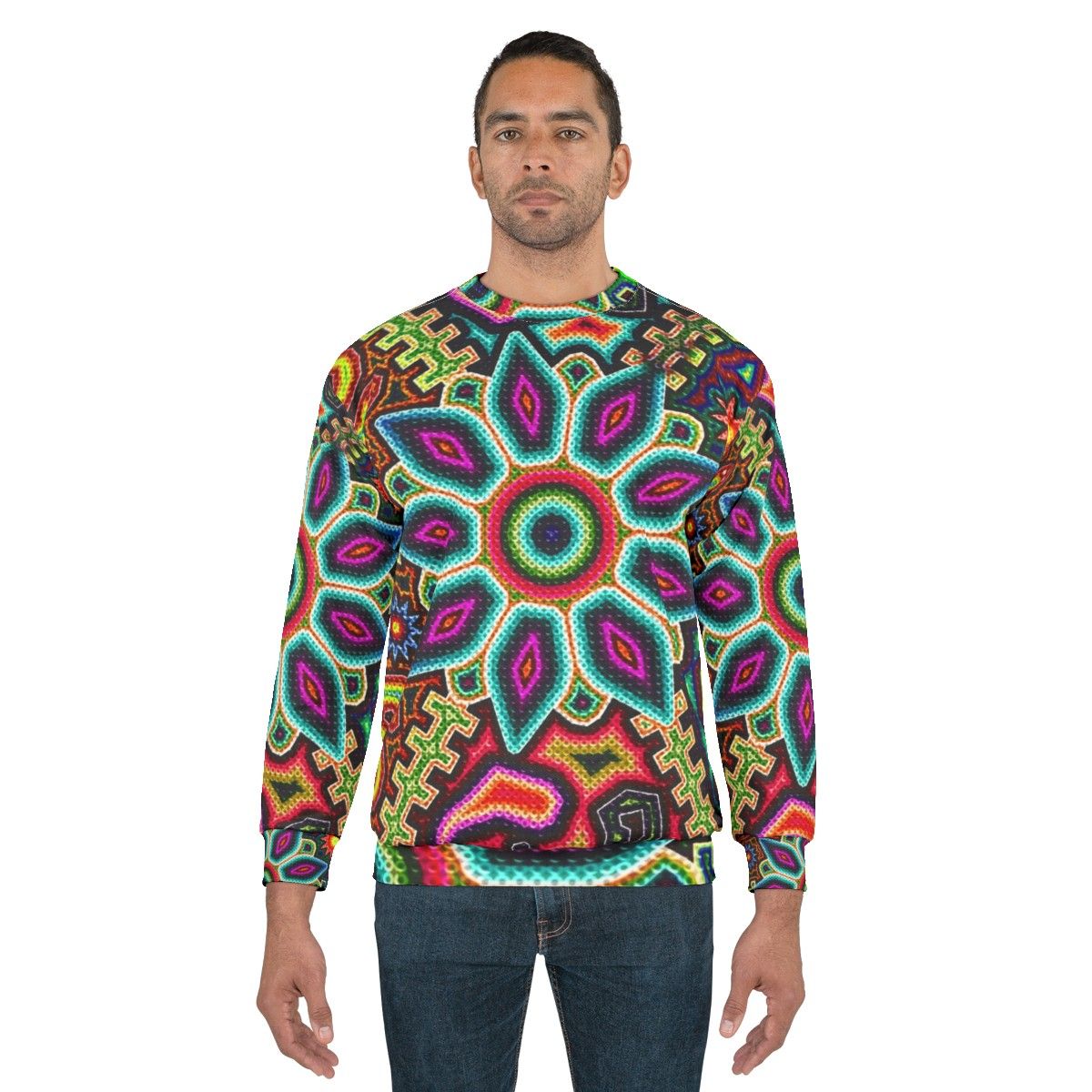 Huichol art inspired Mexican sweatshirt with vibrant colors and prehispanic design - men