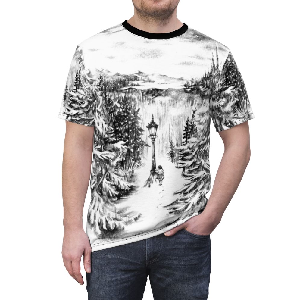 Enchanted Narnia Winter T-Shirt featuring the Pevensie children, the lamppost, and the White Witch's snowy landscape from the classic fantasy novel by CS Lewis. - men front