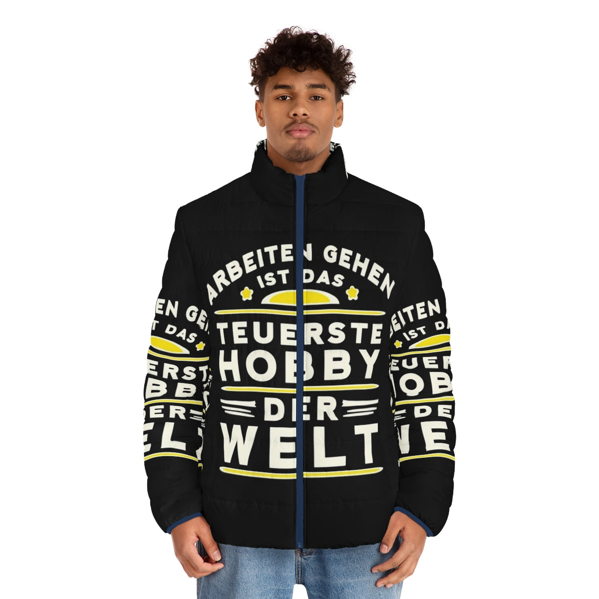 Hobbies puffer jacket with conspiracy and politics themed design - men front