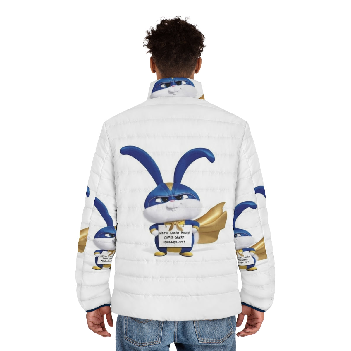 A white puffer jacket with a cute rabbit mascot design - men back