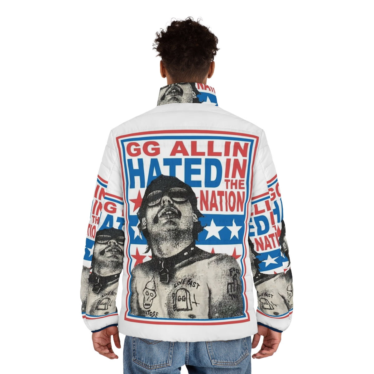 Gg Allin Hated In The Nation Punk Rock Puffer Jacket with American Flag Design - men back