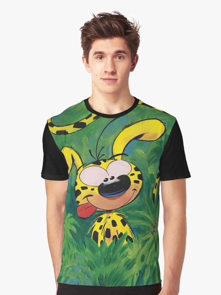 Marsupilami, the iconic comic book character, featured in a colorful and playful graphic t-shirt design. - Men