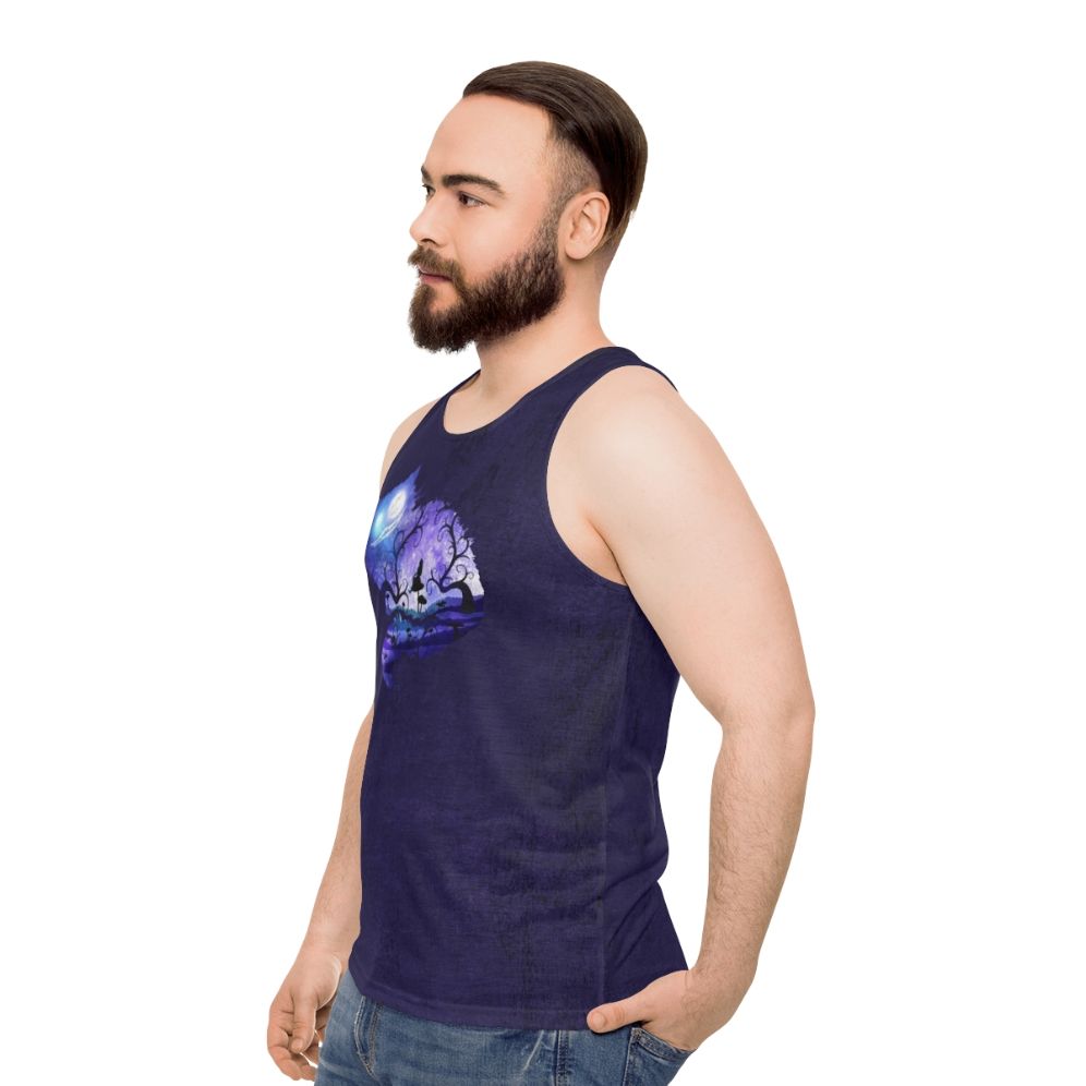 Whimsical unisex tank top with 'We Are All Mad Here' design featuring Alice in Wonderland's Cheshire Cat and night sky - men side